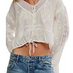 Free People White Embroidered Crochet Trim Tie-Hem Blouse, XS